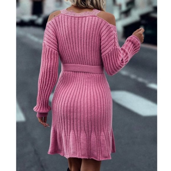 Lace Detailed Cold Shoulder Long sleeve Belted Sweater Dress Pink - Picture 3 of 9